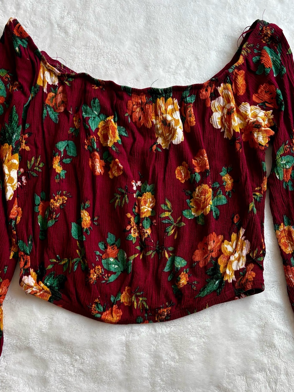 Burgundy Floral Off-The-Shoulder Top with Slit Sleeves